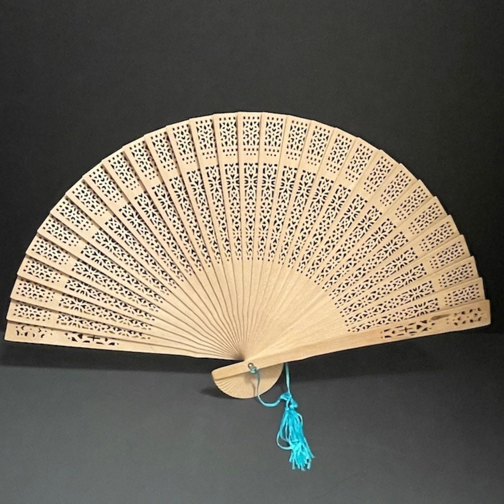 Vintage Carved Sandalwood Asian‎ Folding Hand Fan 16" Teal Tassel